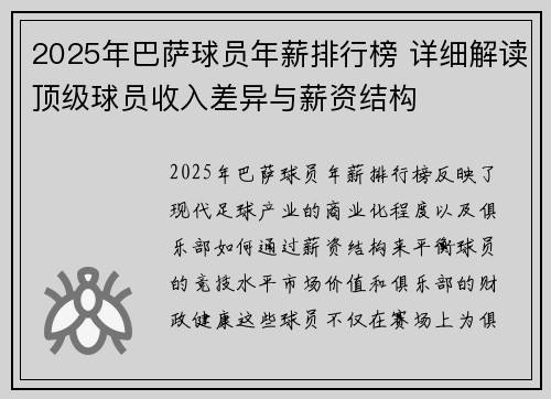 2025年巴萨球员年薪排行榜 详细解读顶级球员收入差异与薪资结构