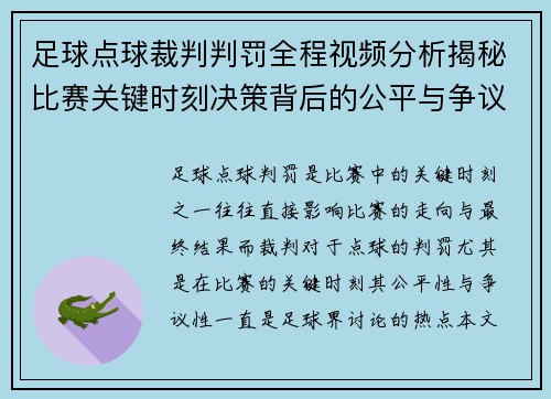 足球点球裁判判罚全程视频分析揭秘比赛关键时刻决策背后的公平与争议