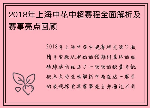 2018年上海申花中超赛程全面解析及赛事亮点回顾