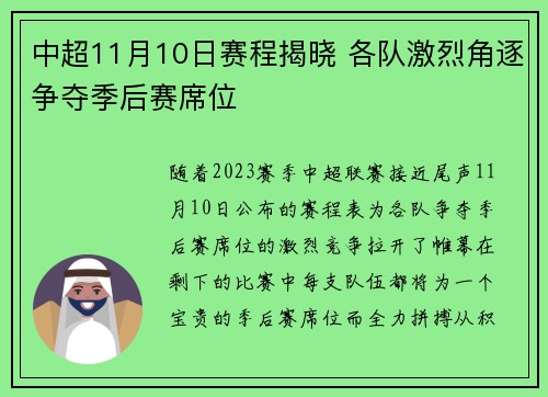 中超11月10日赛程揭晓 各队激烈角逐争夺季后赛席位