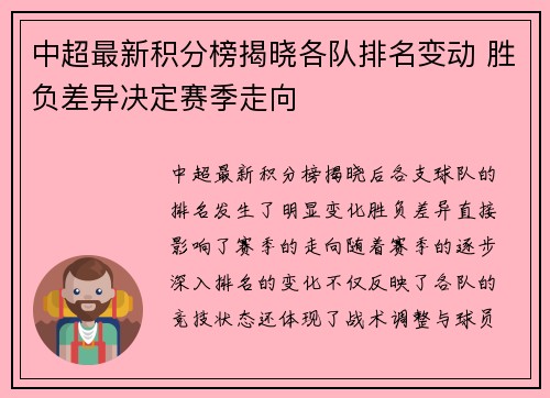 中超最新积分榜揭晓各队排名变动 胜负差异决定赛季走向