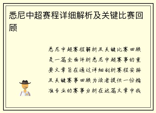 悉尼中超赛程详细解析及关键比赛回顾