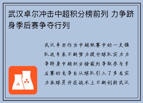 武汉卓尔冲击中超积分榜前列 力争跻身季后赛争夺行列