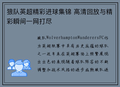 狼队英超精彩进球集锦 高清回放与精彩瞬间一网打尽